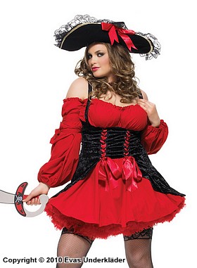 Kvinnelig pirat, kostyme-kjole, snøring, volanger, off-shoulder, fløyel, XL til 4XL